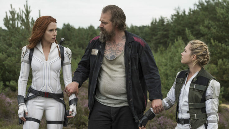 Scarlett Johansson, David Harbor, and Florence Pugh in a scene from Black Widow