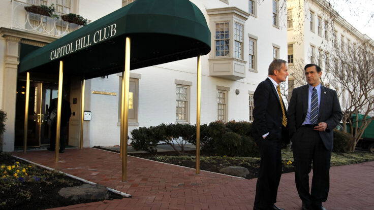 Rep. Darrell Issa and Rep. Todd Akin outside the Republican National Committee headquarters