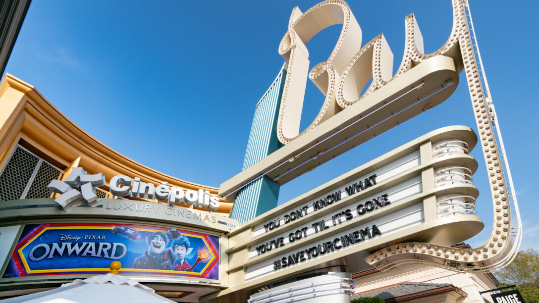 Cinepolis Bay Theatre, closed due to COVID with a #SaveYourCinema sign