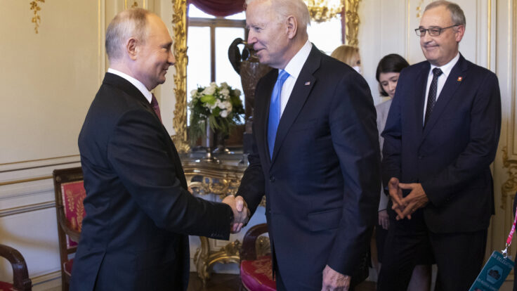 President Joe Biden and Russian President Vladimir Putin shake hands during the U.S.-Russia summit in Geneva.