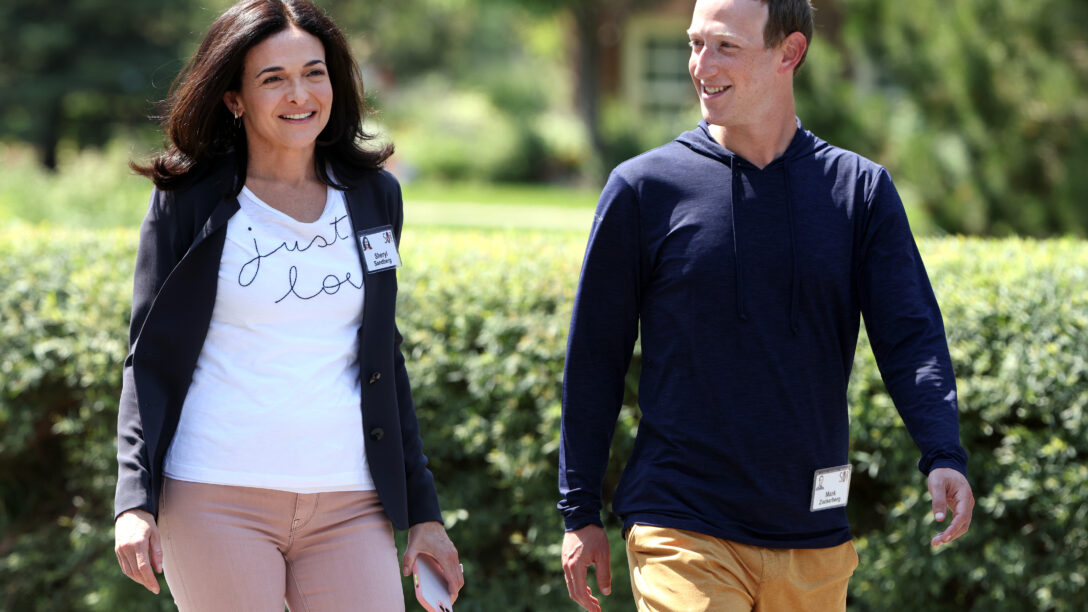 CEO of Facebook Mark Zuckerberg walks with COO of Facebook Sheryl Sandberg after a session at the Allen & Company Sun Valley Conference on July 08, 2021.