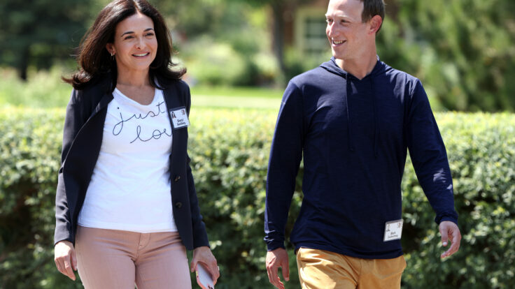 CEO of Facebook Mark Zuckerberg walks with COO of Facebook Sheryl Sandberg after a session at the Allen & Company Sun Valley Conference on July 08, 2021.