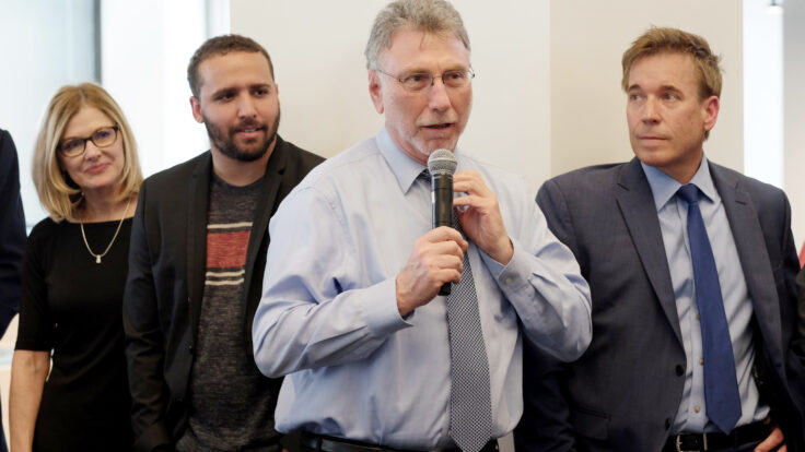 Washington Post Editor Marty Baron with reporters Kimberly Kindy, Wesley Lowery and Jody Warrick, celebrating winning Pulitzer Prizes at The Washington Post