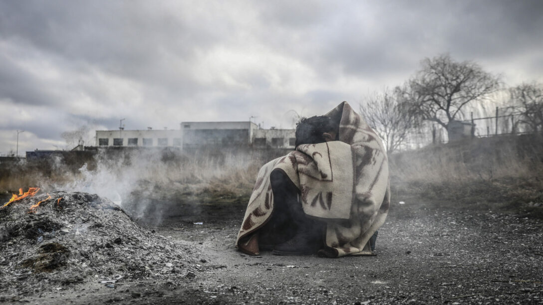 A refugee after crossing the Ukraine-P oland border