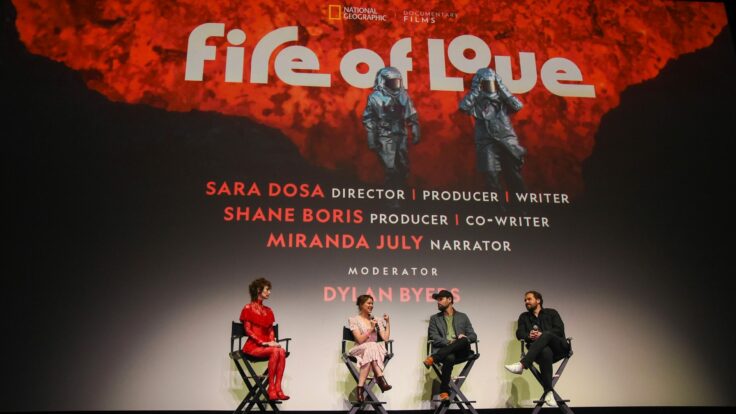 ‘Fire of Love’ narrator Miranda July, Director Sara Dosa, Producer Shane Boris and Puck’s Dylan Byers on stage at The Theater at the Ace Hotel in Los Angeles.