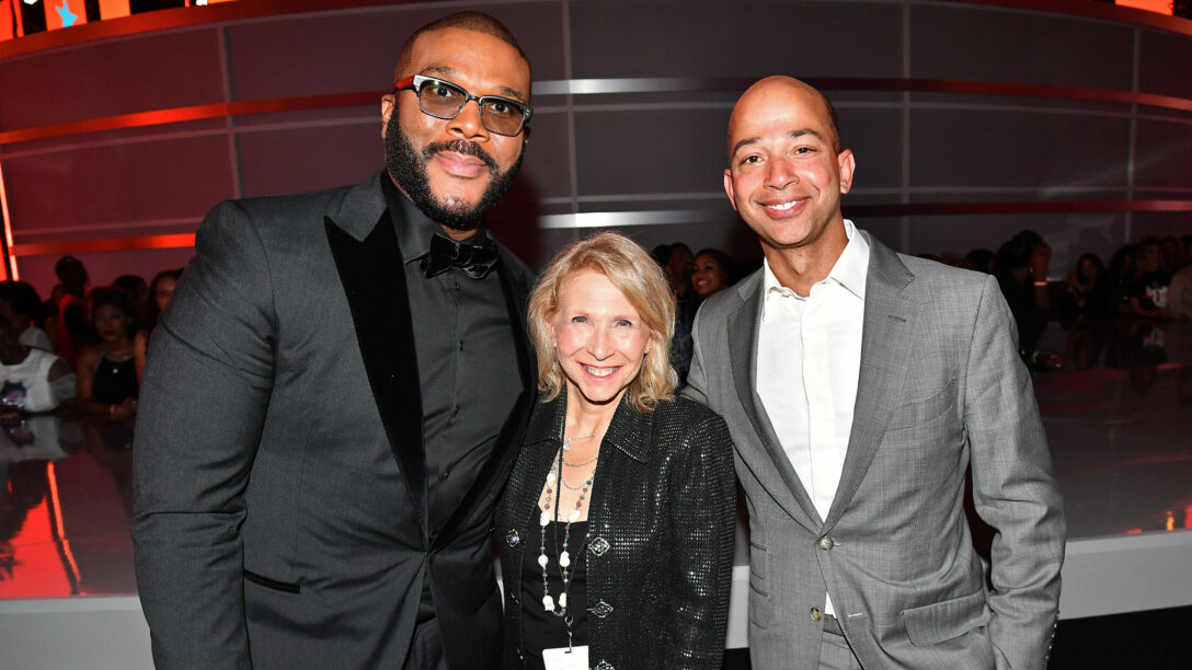 Tyler Perry, Paramount Global chairperson Shari Redstone, and BET president Scott Mills.