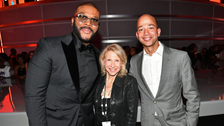 Tyler Perry, Paramount Global chairperson Shari Redstone, and BET president Scott Mills.