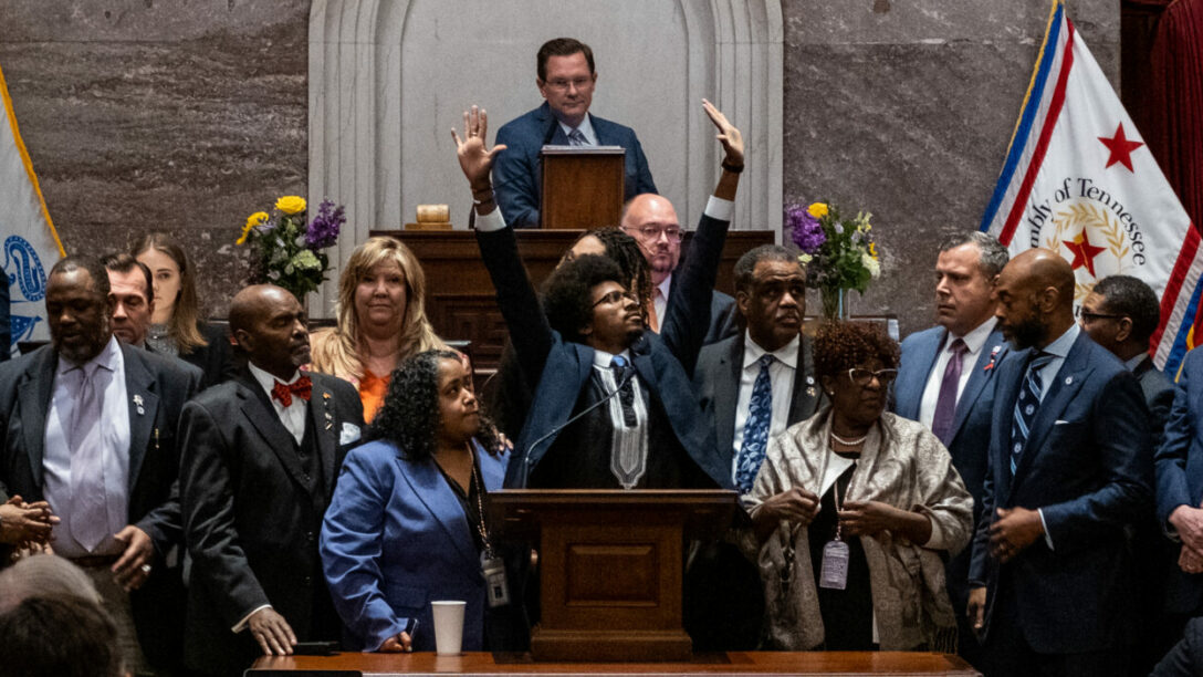Rep. Justin Pearson of Memphis acknowledges supporters after being expelled from the state legislature on April 6, 2023 in Nashville, Tennessee.