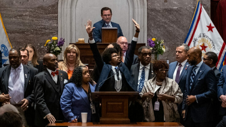 Rep. Justin Pearson of Memphis acknowledges supporters after being expelled from the state legislature on April 6, 2023 in Nashville, Tennessee.