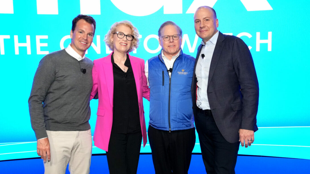 Casey Bloys, Kathleen Finch, David Zaslav, and J.B. Perrette during a Warner Bros. Discovery Streaming press event.