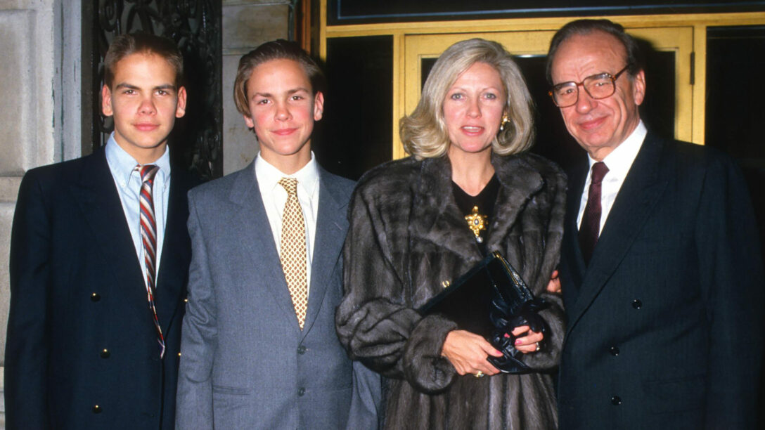 Lachlan, James, Anna and Rupert Murdoch in New York City, 1987.