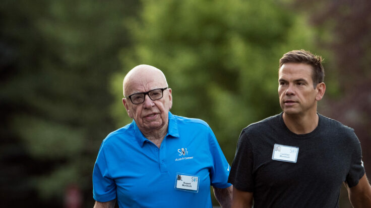 SUN VALLEY, ID - JULY 13: (L to R) Rupert Murdoch, executive chairman of News Corp and chairman of Fox News, and Lachlan Murdoch, co-chairman of 21st Century Fox, walk together as they arrive on the third day of the annual Allen & Company Sun Valley Conference, July 13, 2017 in Sun Valley, Idaho. Every July, some of the world's most wealthy and powerful businesspeople from the media, finance, technology and political spheres converge at the Sun Valley Resort for the exclusive weeklong conference. (Photo by Drew Angerer/Getty Images)