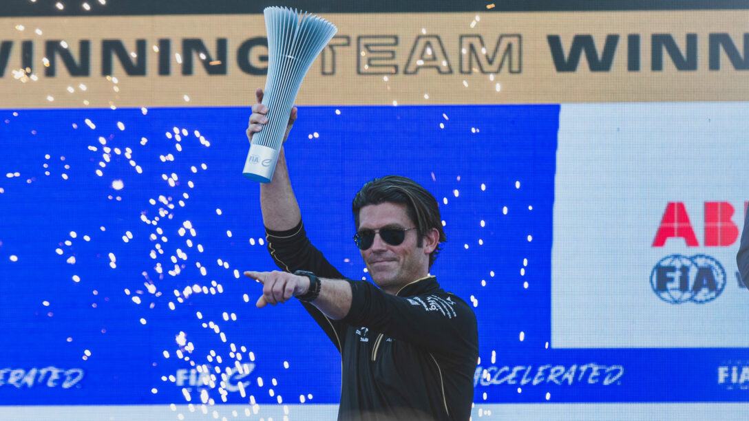 Jay Penske celebrates on the podium during the Hyderabad E-Prix on February 11, 2023 in Hyderabad, India.