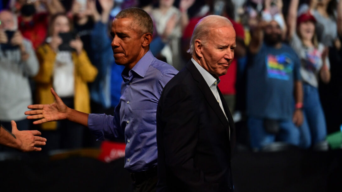 President Joe Biden and former President Barack Obama greet Democratic Senate nominee John Fetterman and Democratic gubernatorial nominee Josh Shapiro at the Liacouras Center on November 5, 2022 in Philadelphia.