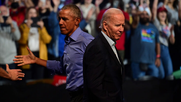 President Joe Biden and former President Barack Obama greet Democratic Senate nominee John Fetterman and Democratic gubernatorial nominee Josh Shapiro at the Liacouras Center on November 5, 2022 in Philadelphia.
