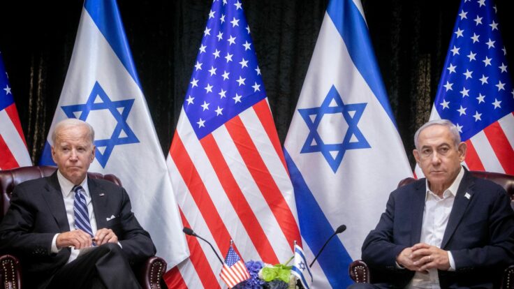 Joe Biden sits with Israeli Prime Minister Benjamin Netanyahu, at the start of the Israeli war cabinet meeting, in Tel Aviv on October 18, 2023, amid the ongoing battles between Israel and the Palestinian group Hamas.