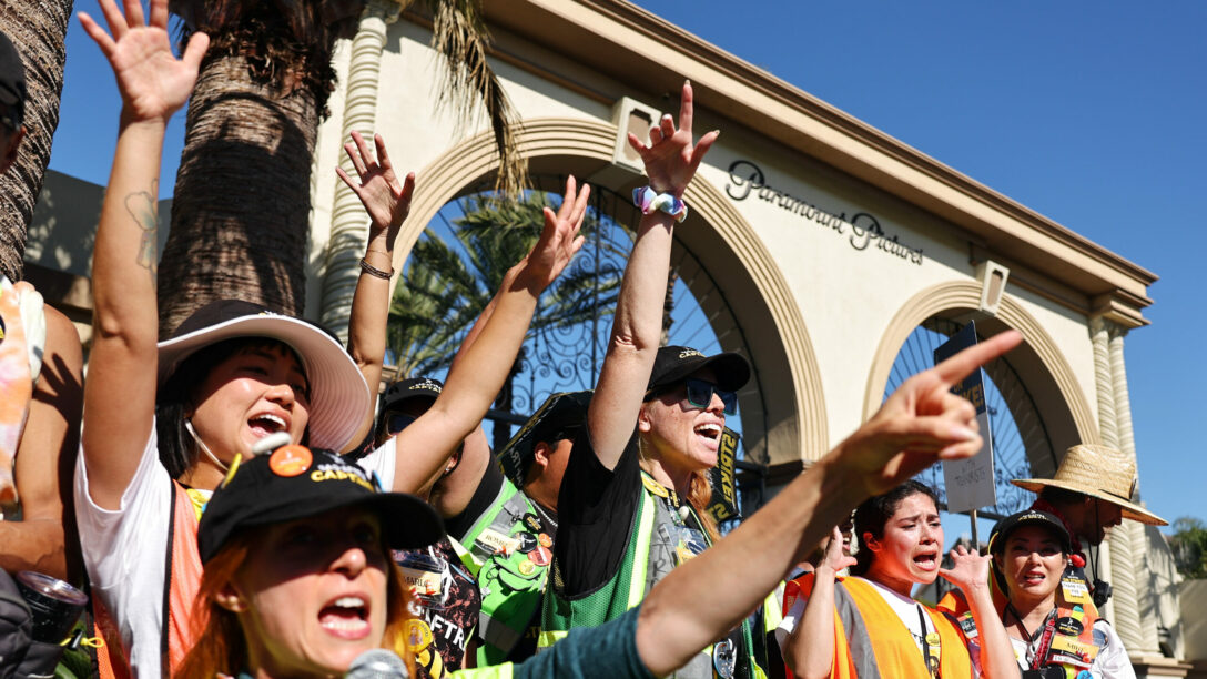 SAG-AFTRA members chant outside Paramount Studios on day 118 of their strike against the Hollywood studios on November 8, 2023 in Los Angeles, California.