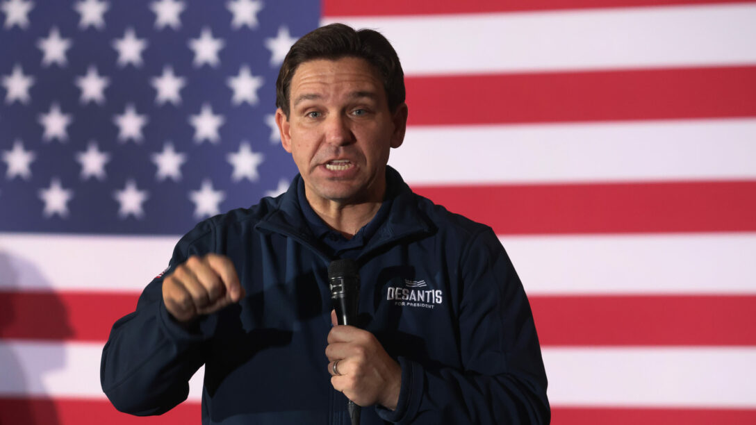 Republican presidential candidate Ron DeSantis speaks to guests during a campaign rally at the Thunderdome on December 02, 2023, in Newton, Iowa.