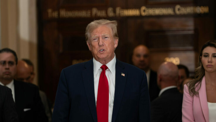 Donald Trump speaks to the media while attending his trial in New York State Supreme Court on December 7, 2023 in New York City.