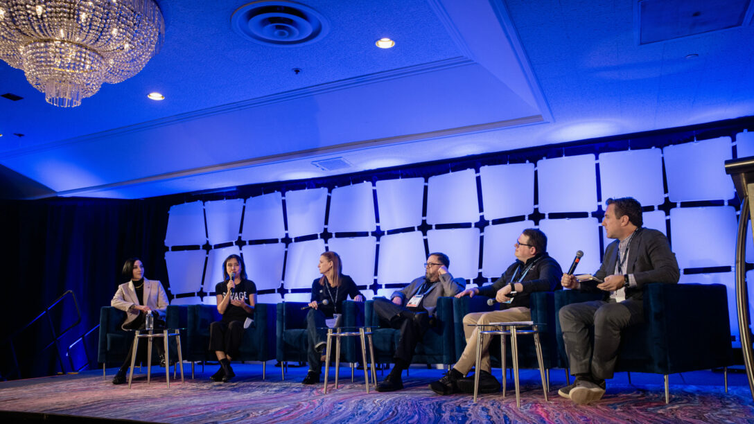 From left: Lindsay Dougherty, Lisa Takeuchi Cullen, Meredith Stiehm, Matthew Loeb, Duncan Crabtree-Ireland, and moderator Matt Belloni speak on the A.I. Goes to Hollywood panel at the 2024 Labor Innovation & Technology Summit in Las Vegas.