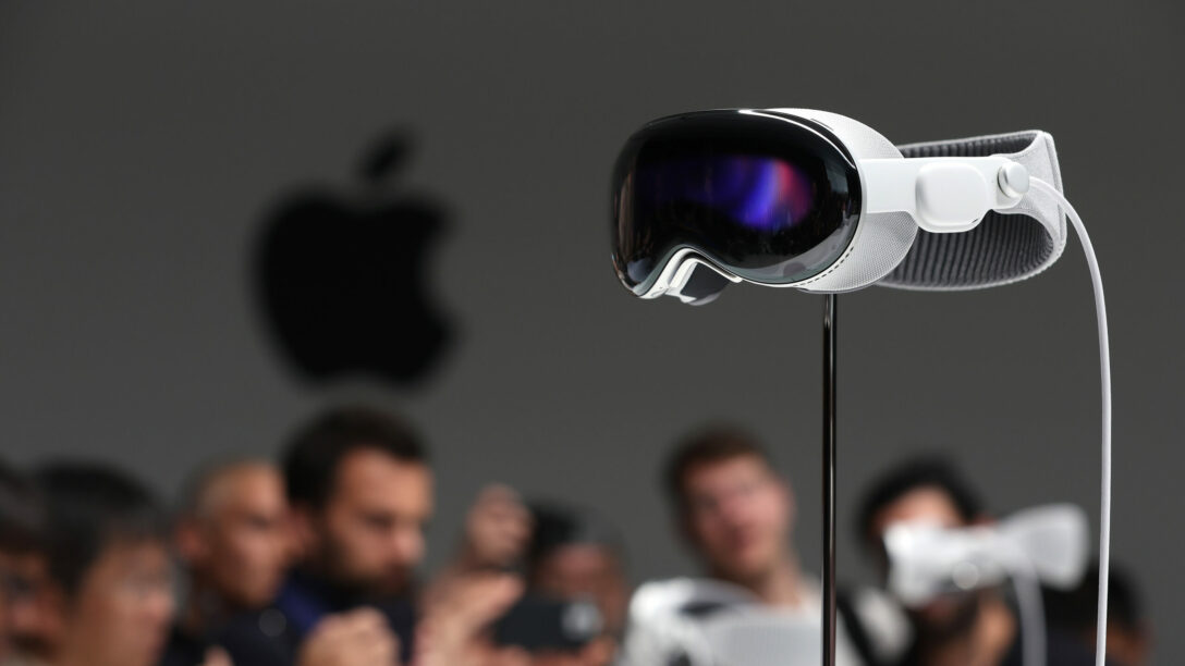 The new Apple Vision Pro headset is displayed during the Apple Worldwide Developers Conference on June 05, 2023 in Cupertino, California.