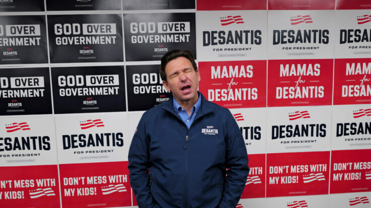 Ron DeSantis speaks to workers at a campaign office on January 12, 2024, in Urbandale, Iowa.