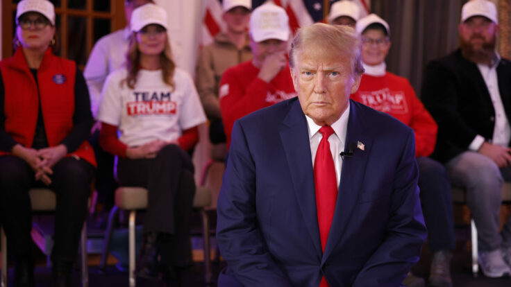 Donald Trump prepares to hold a "telerally" at the Hotel Fort Des Moines on January 13, 2024, in Des Moines, Iowa.