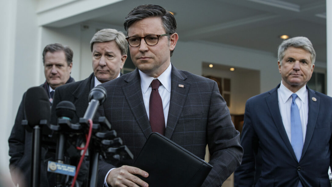 Speaker Mike Johnson (R-LA) walks out of the West Wing with (from left to right) U.S. reps Mike Turner (R-AL), Mike Rogers (R-OH), and Mike McCaul (R-TX) on January 17, 2024, in Washington, D.C.
