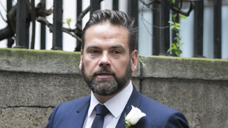 Lachlan Murdoch arrives for the wedding of Jerry Hall and Rupert Murdoch at St. Brides Church on March 5, 2016, in London.